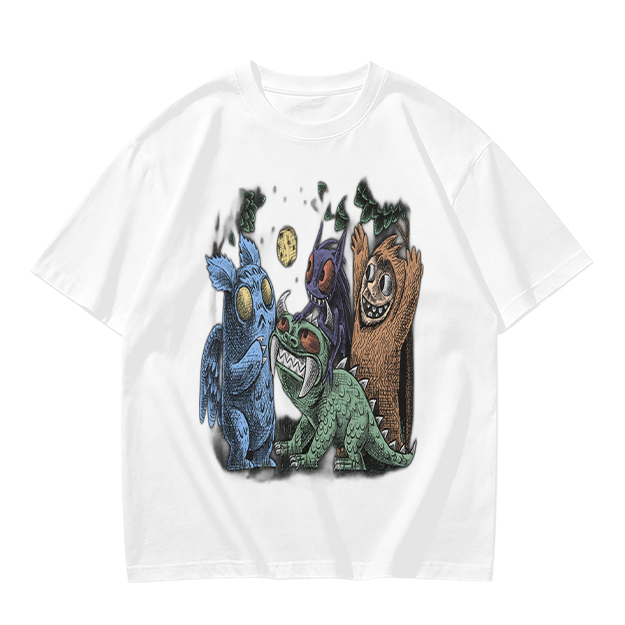 Olive Green T-Shirt With Whimsical Monster Crew Graphic Print