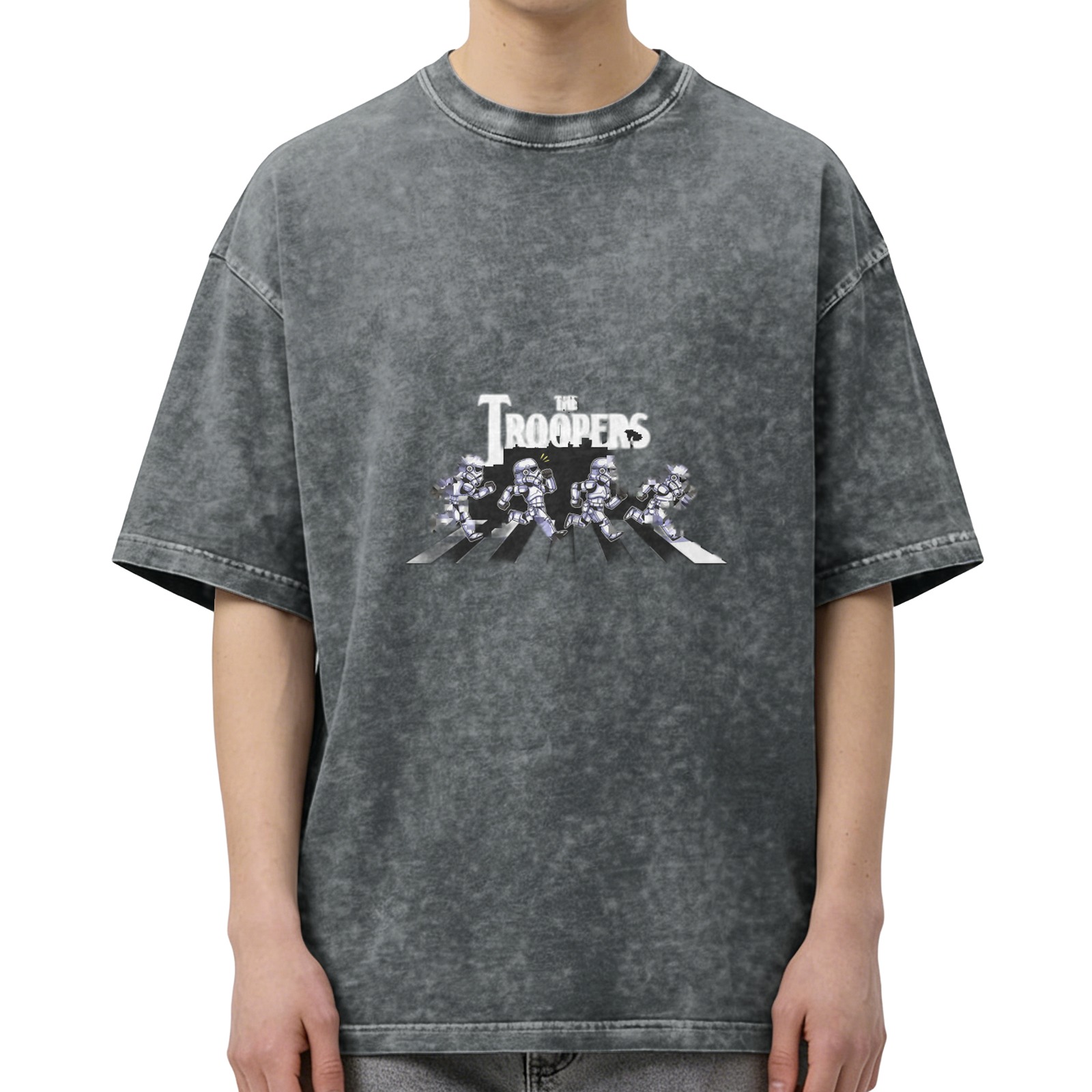 Oversized dark washed graphic t-shirt with Star Wars troopers Abbey Road parody