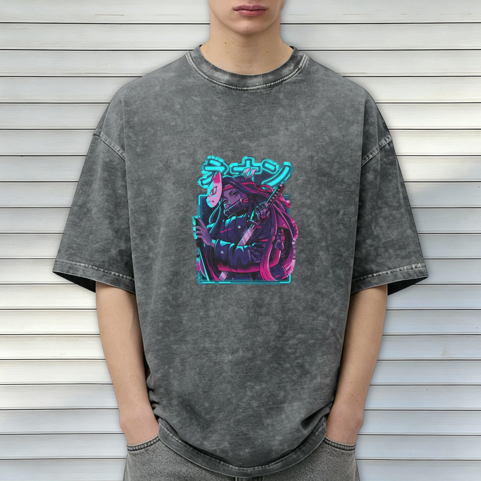 Oversized Acid Wash T-Shirt With Neon Anime Samurai Graphic
