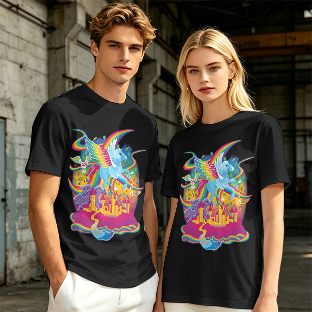 Olive T-Shirt With Whimsical Rainbow Fantasy Creature Castle Art