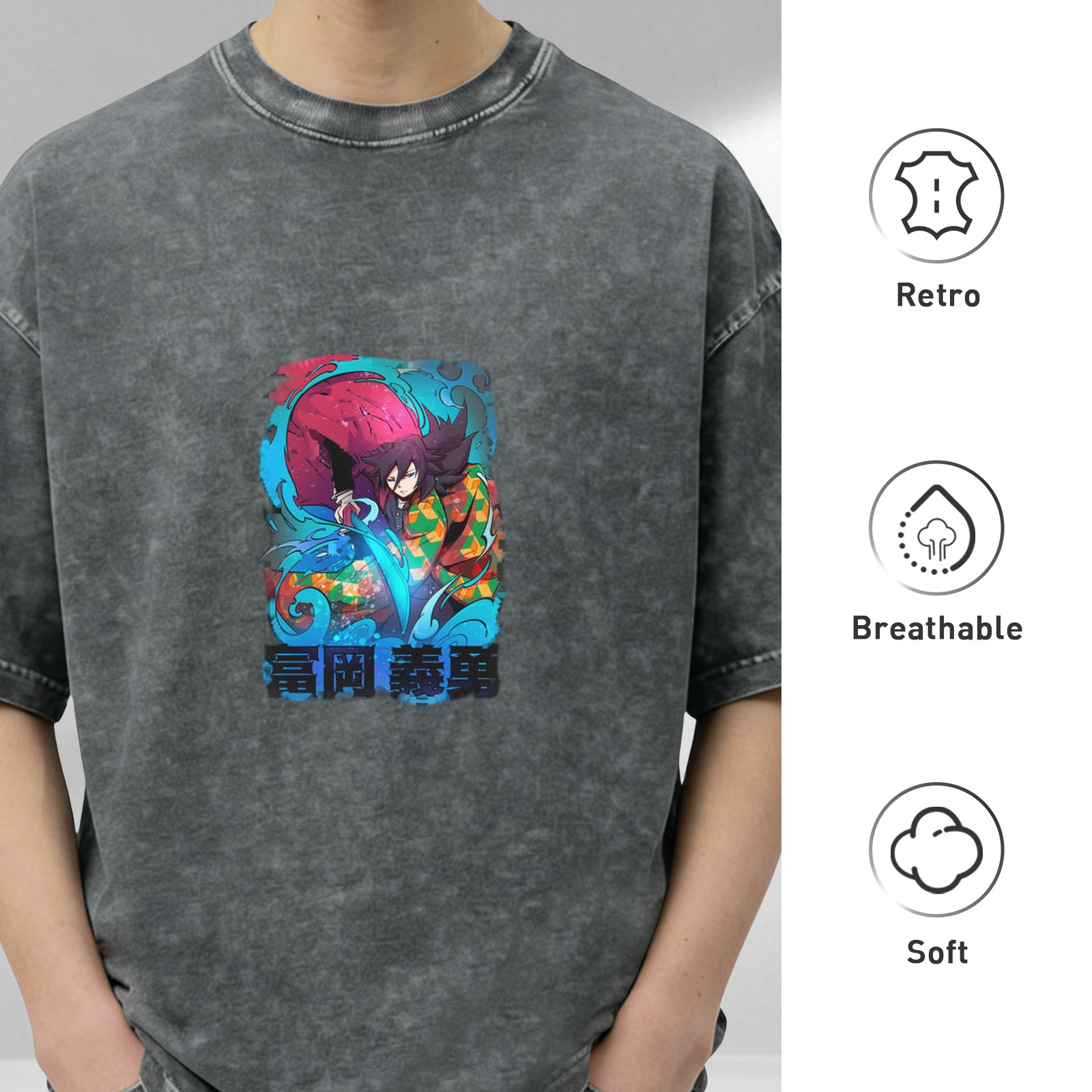 Oversized washed anime graphic t-shirt with water demon slayer character