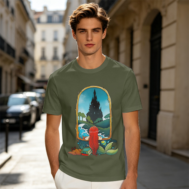 Olive T-Shirt With Mermaid Looking At Castle Art Print