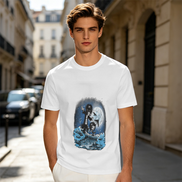 Olive T-Shirt With Gothic Moonlit Water Creature Graphic Print