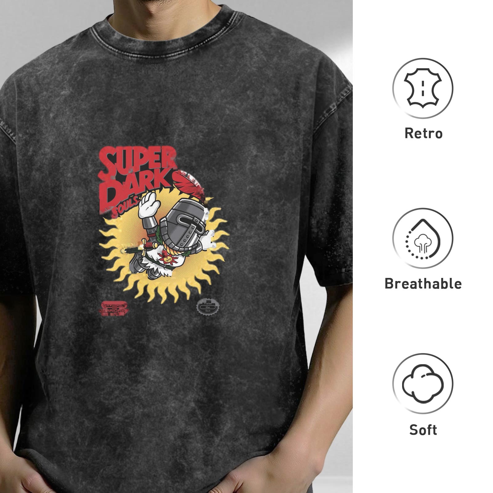 Distressed washed black loose short-sleeved T-shirt Game themed print Dark Souls Sun Knight design