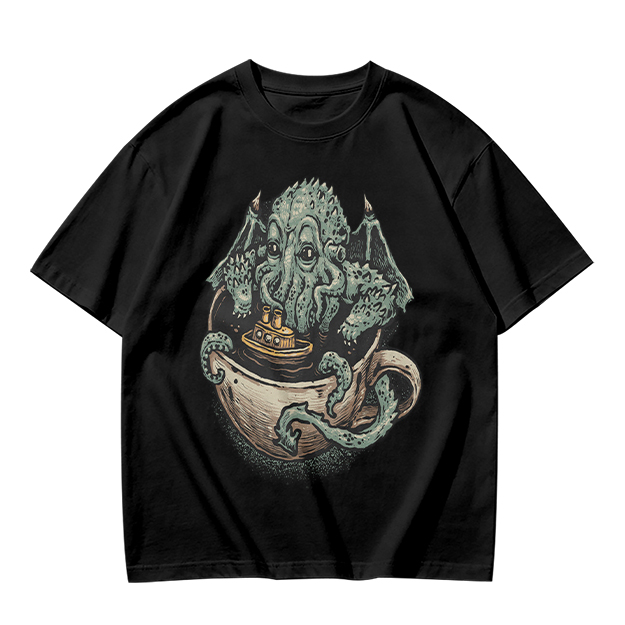 Cthulhu in a teacup with tiny ship graphic t-shirt