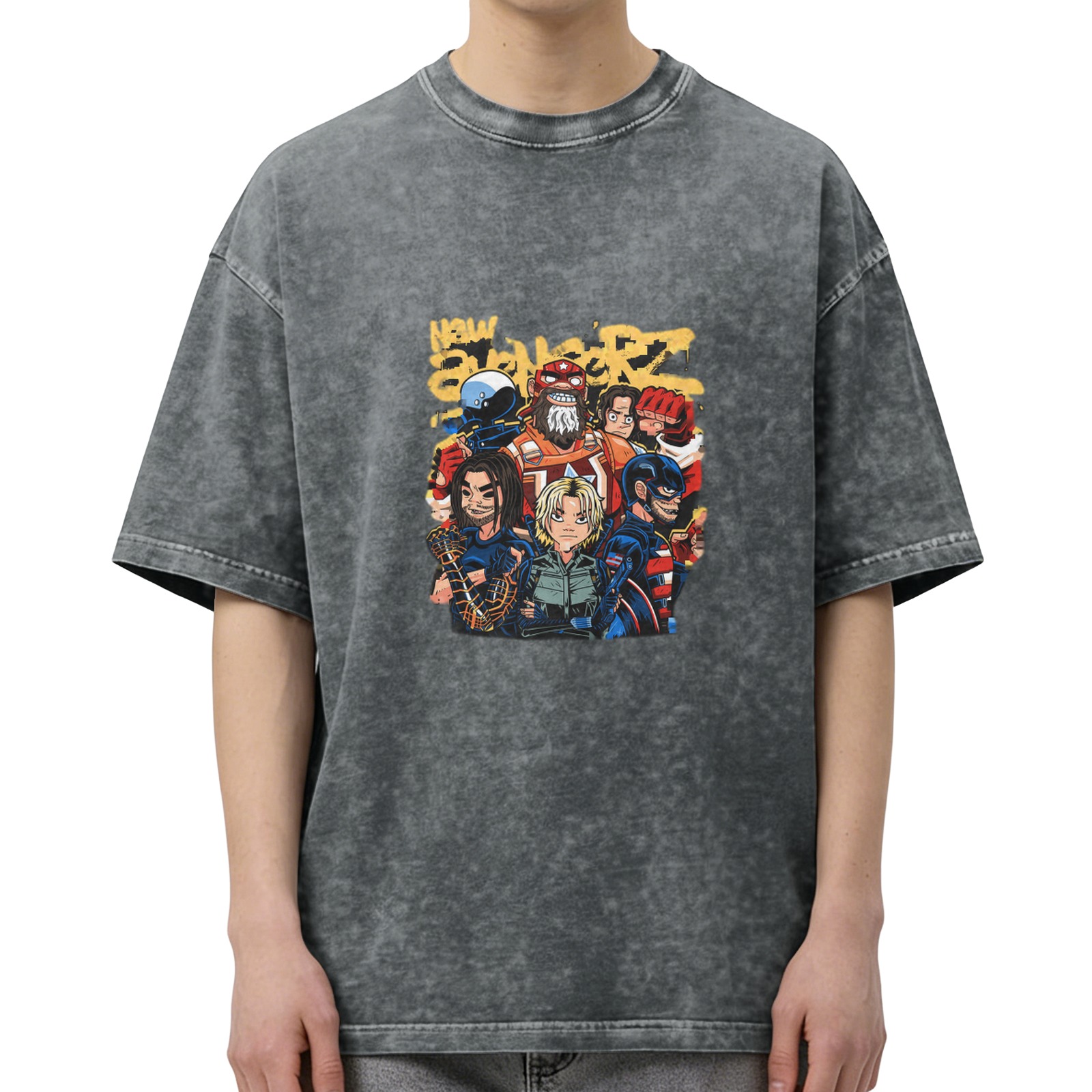 Washed Black T-Shirt With New Avengerz Superhero Group Artwork