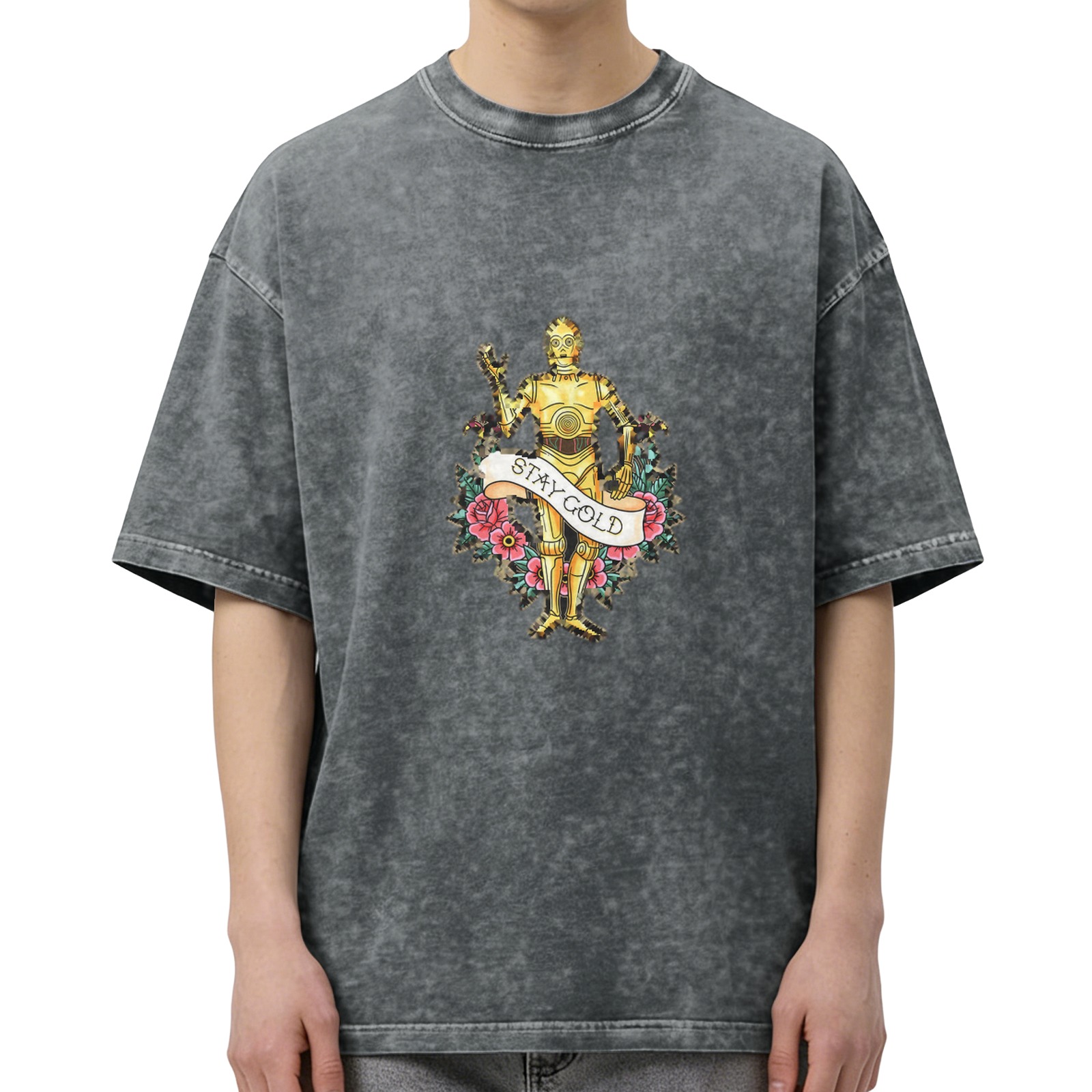 Washed Black T-Shirt with C-3PO Stay Gold Floral Print