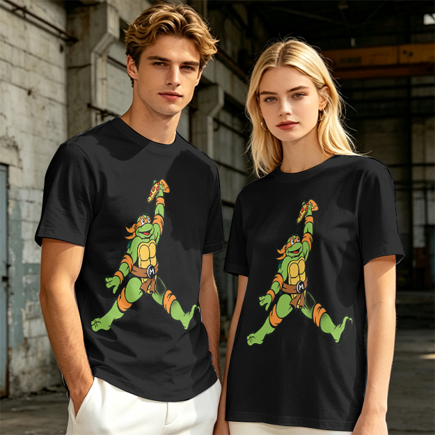 Olive T-Shirt with Michelangelo Ninja Turtle Holding Pizza Print
