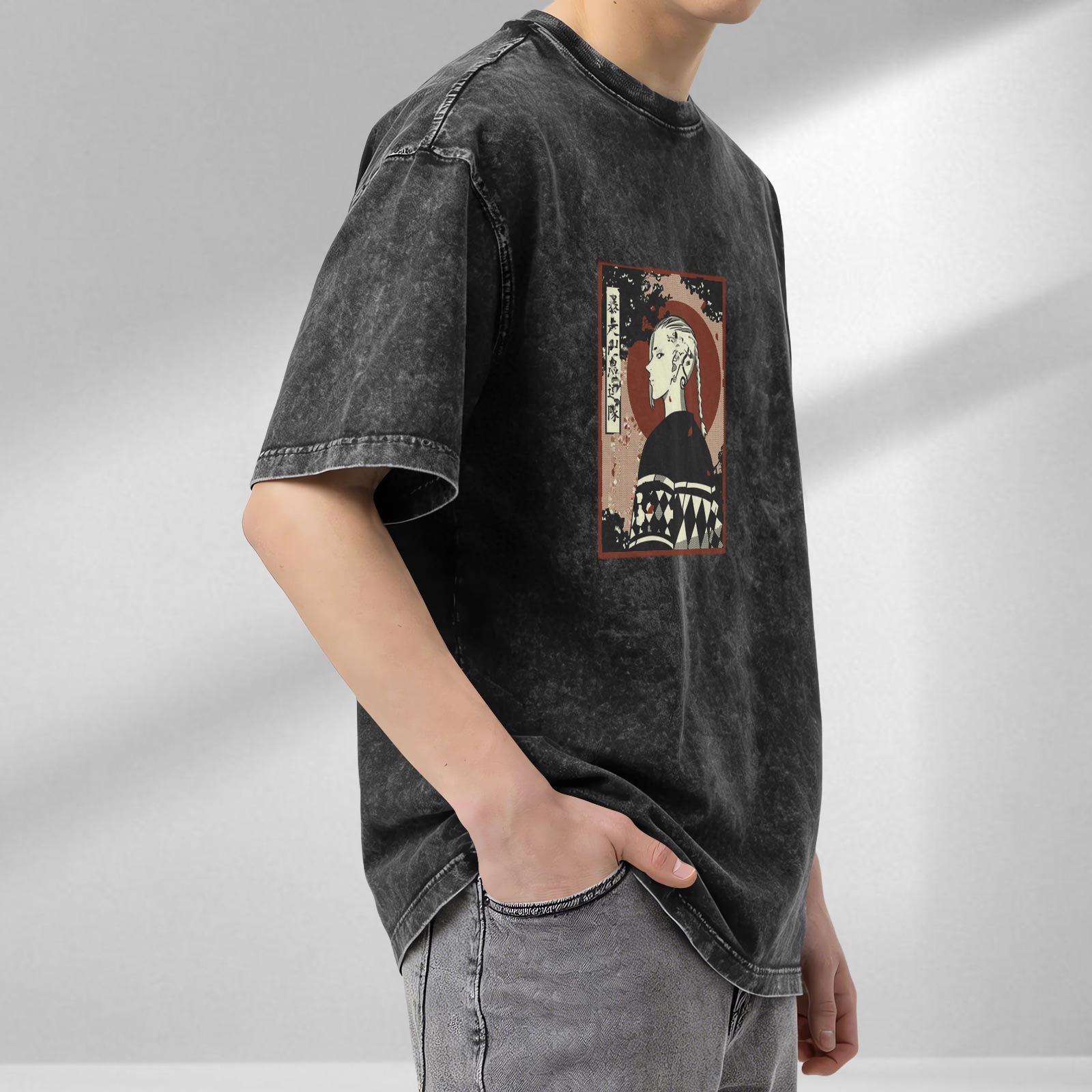 Retro washed black anime character printed short-sleeved T-shirt Street style loose shoulder top