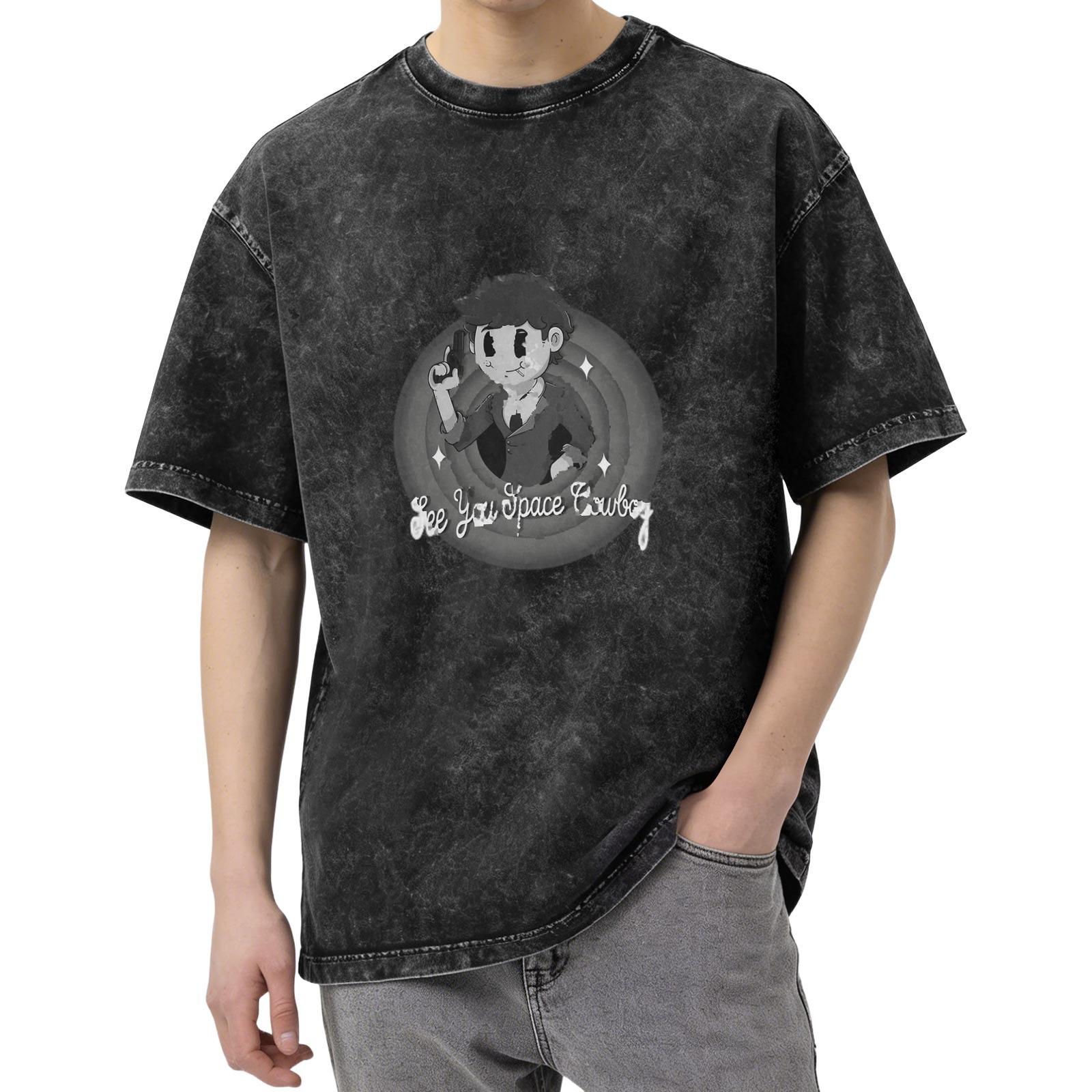 See You Space Cowboy Anime Graphic Washed Black T-Shirt