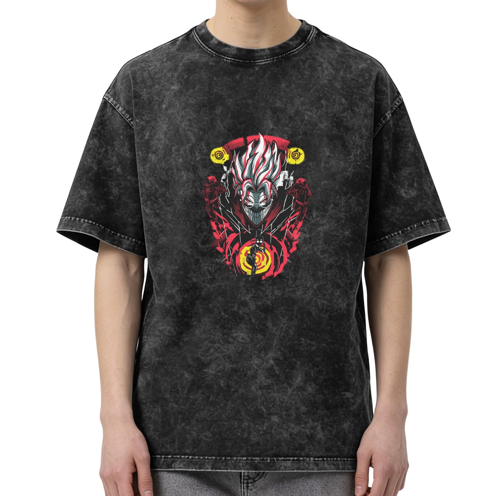 Washed distressed dark style anime print short-sleeved T-shirt