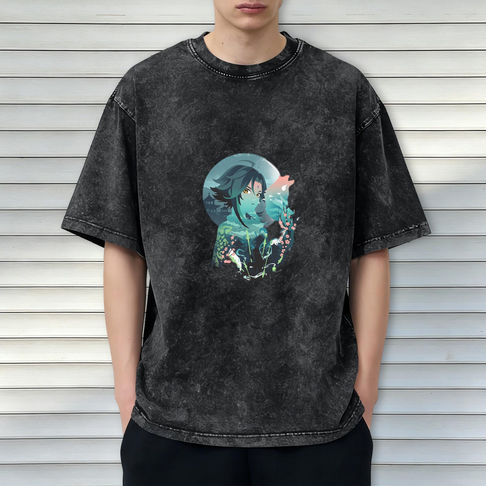 Oversized Washed Black T-Shirt with Anime Character Graphic Print