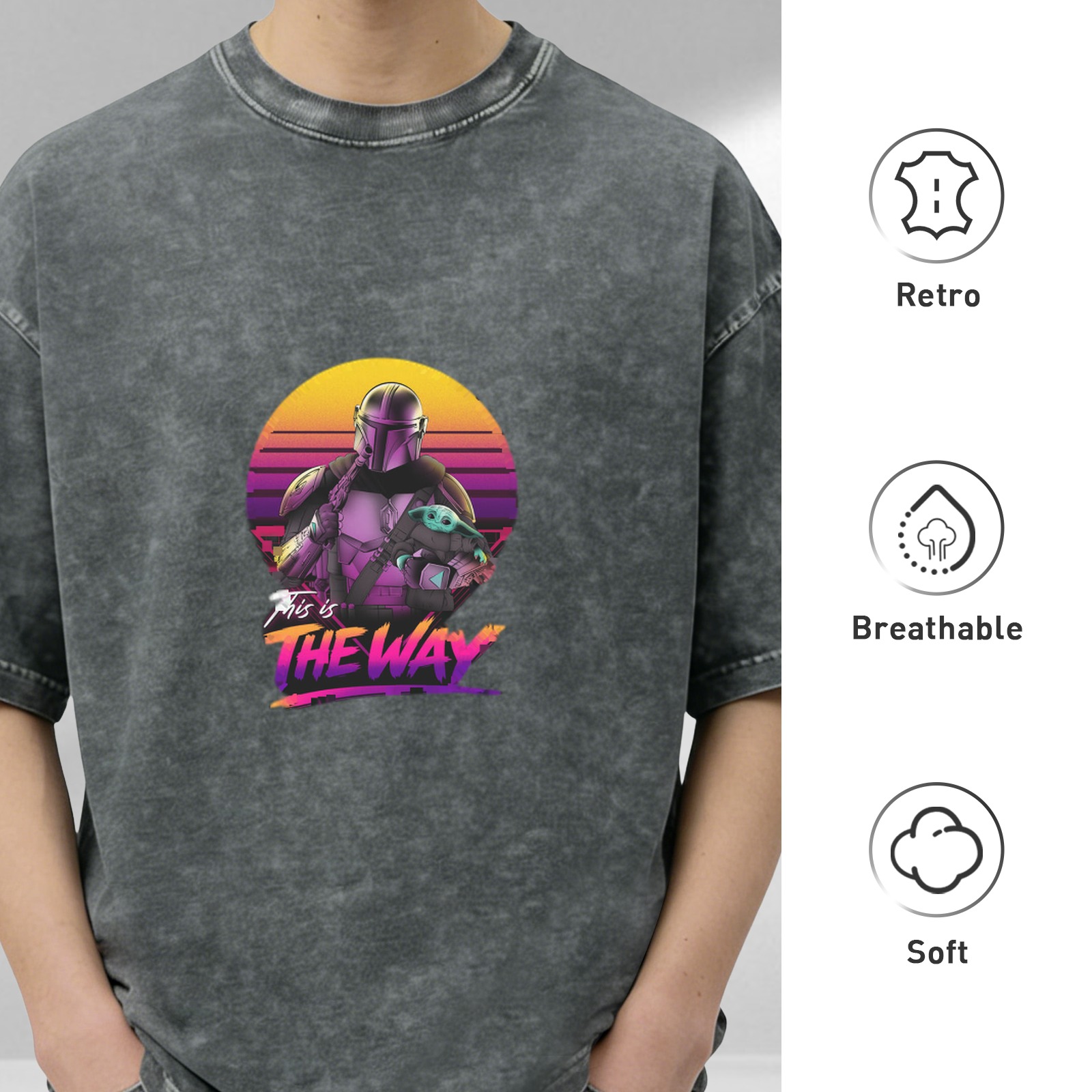 Washed Cotton T-Shirt with Mandalorian This Is The Way Synthwave Print