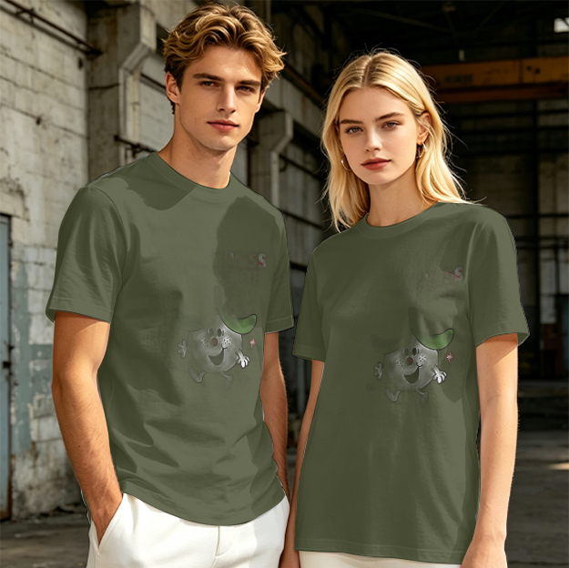 Olive green graphic t-shirt with playful cartoon character print