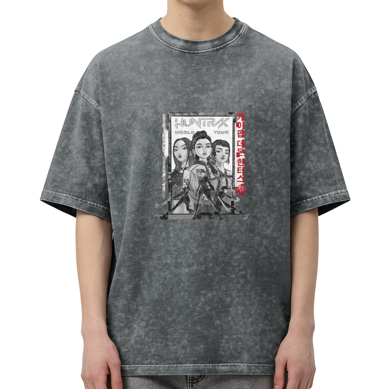 Oversized Black Acid Wash T-Shirt with Anime Girl Graphic Print