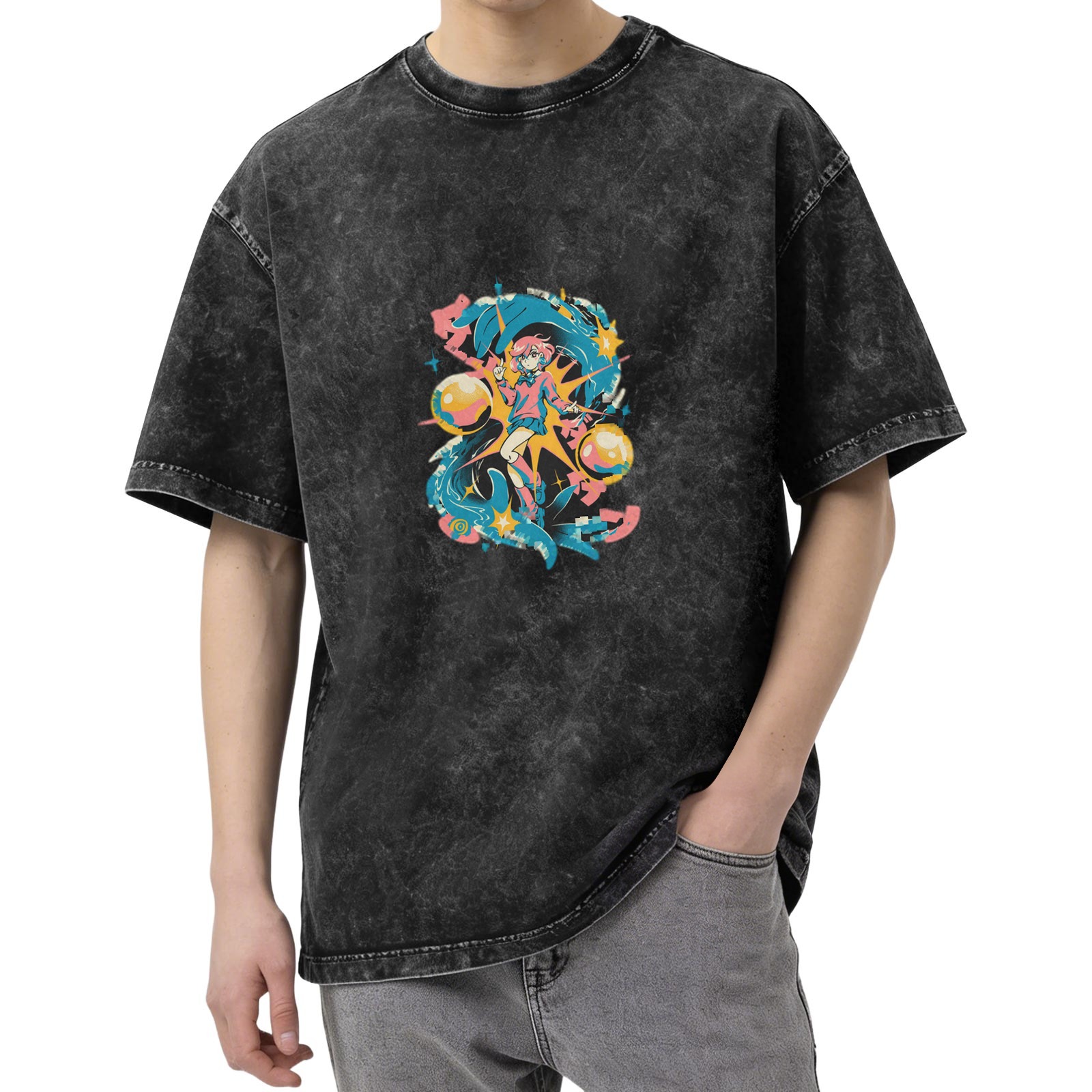 Oversized Acid Wash T-Shirt with Anime Graphic Print