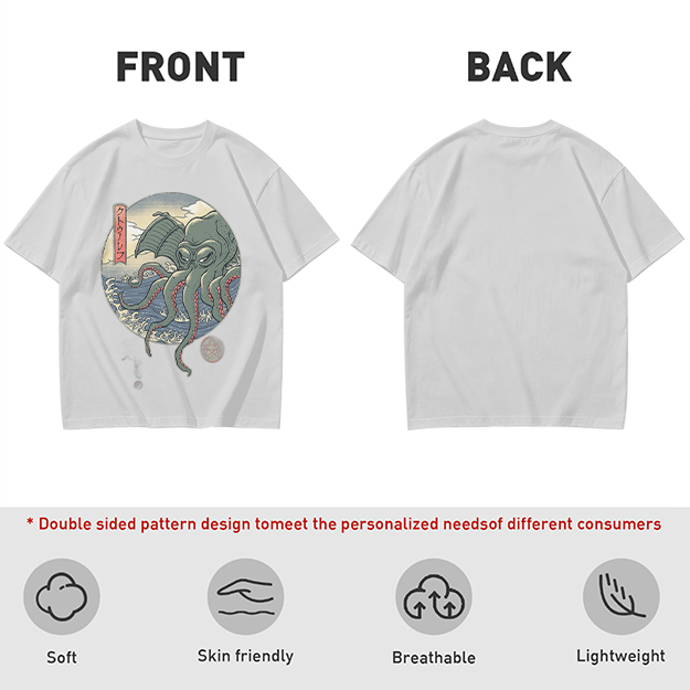 Olive T-shirt with Ukiyo-e Style Cthulhu Octopus Print
