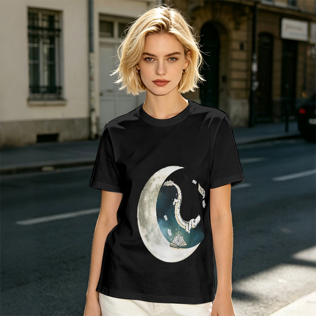 Olive T-shirt with Crescent Moon Galaxy Astronaut Graphic