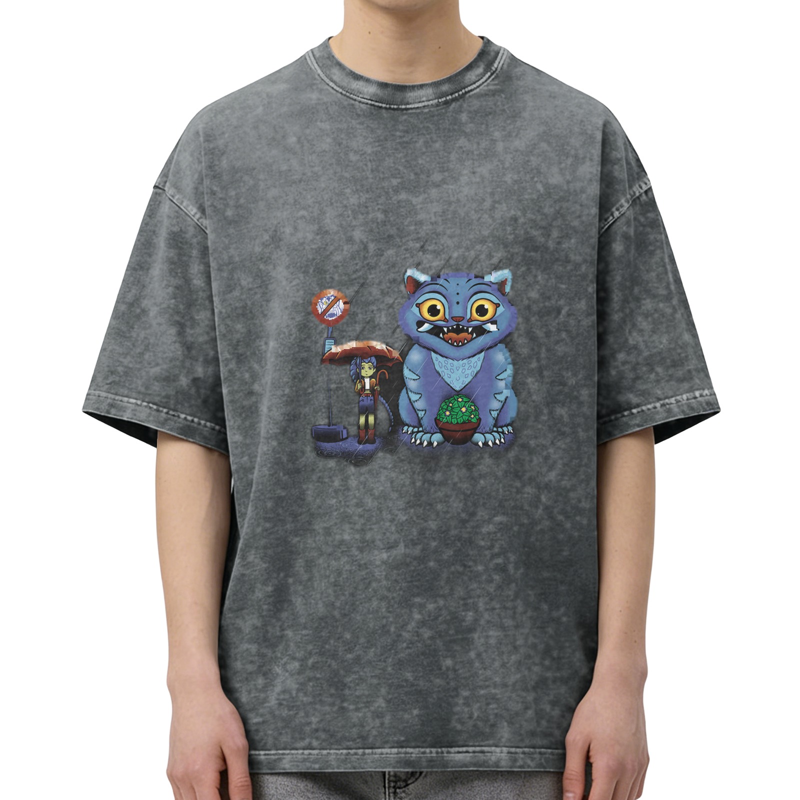 Distressed black loose short-sleeved T-shirt Cartoon blue cat monster print design Personalized trendy casual top