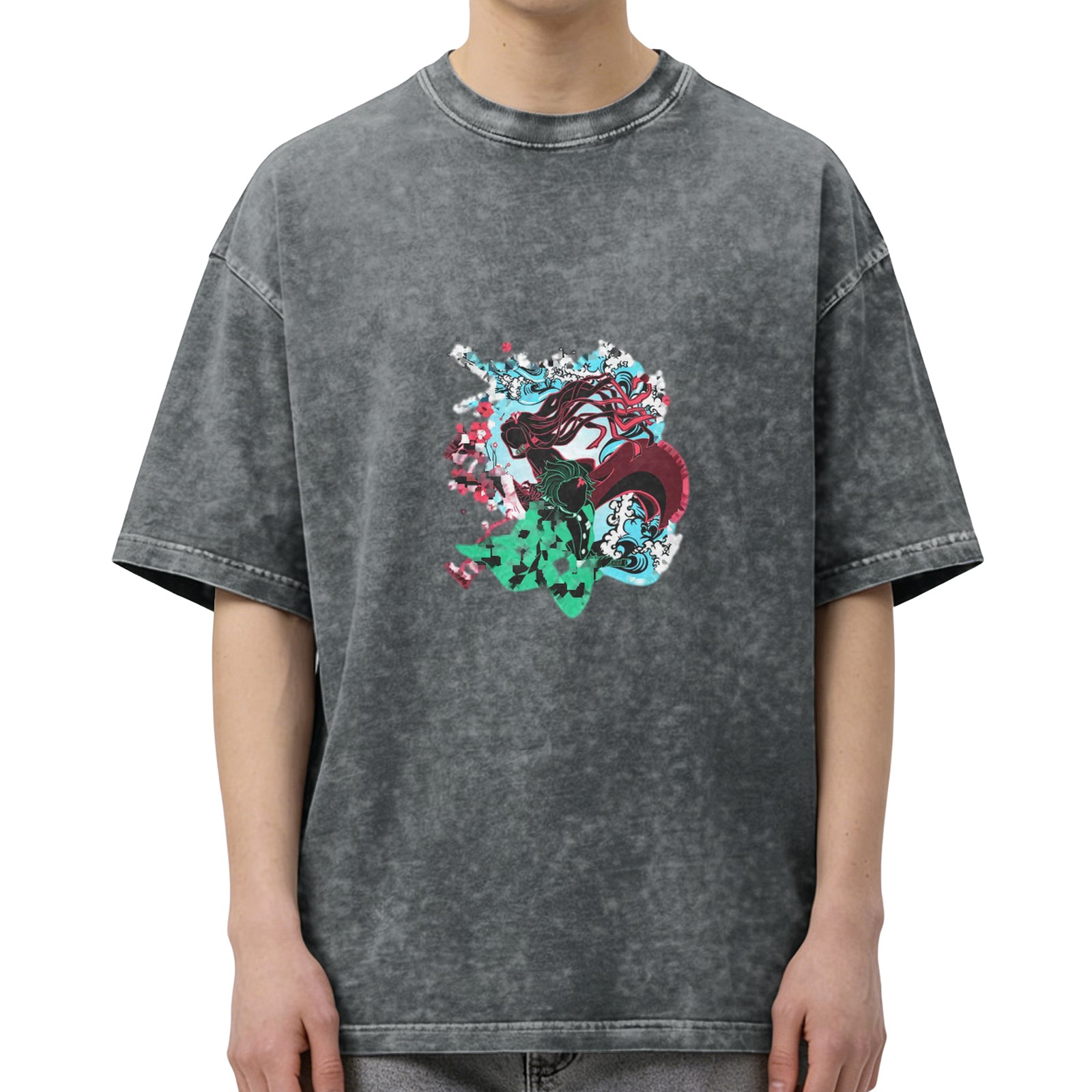 Oversized Vintage Wash Graphic T-Shirt with Anime Demon Slayer Character Print, Black Acid Wash Tee