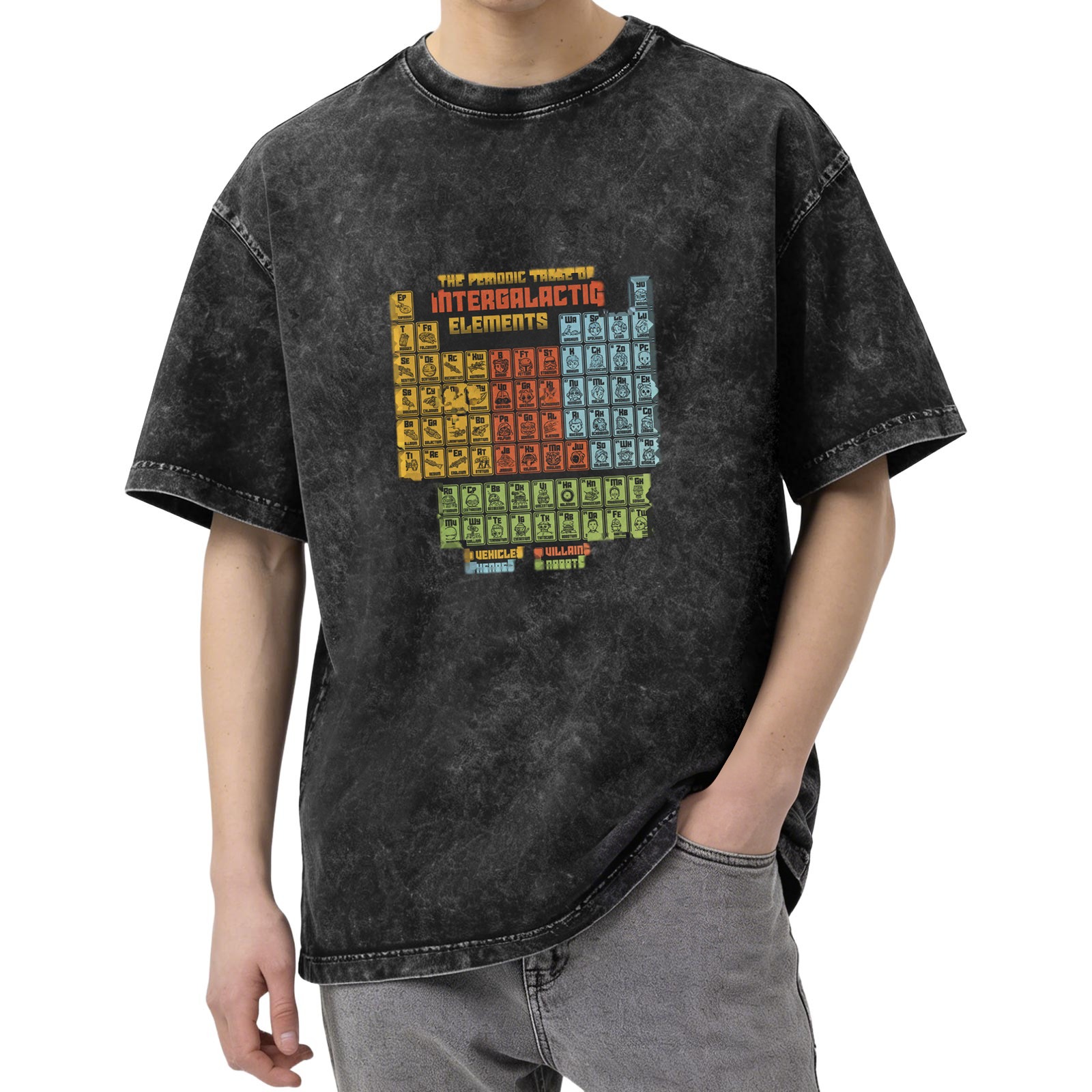 Retro washed black interstellar periodic table themed print loose short-sleeved T-shirt