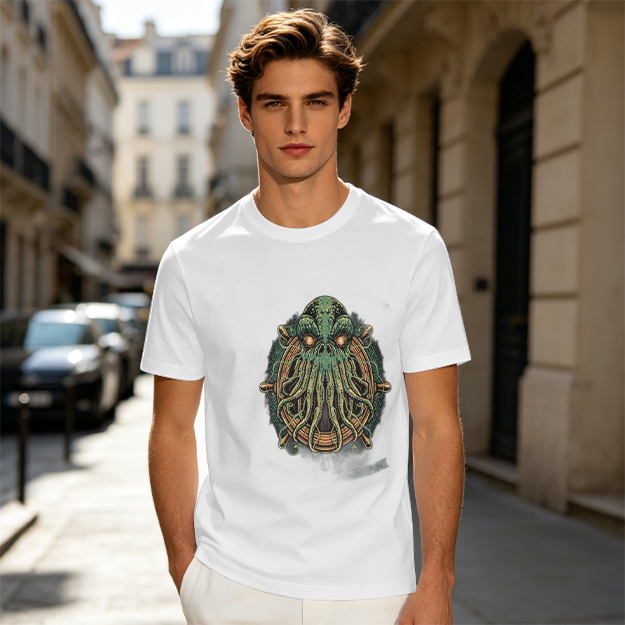 Olive Green T-Shirt With Cthulhu Ship Wheel Graphic