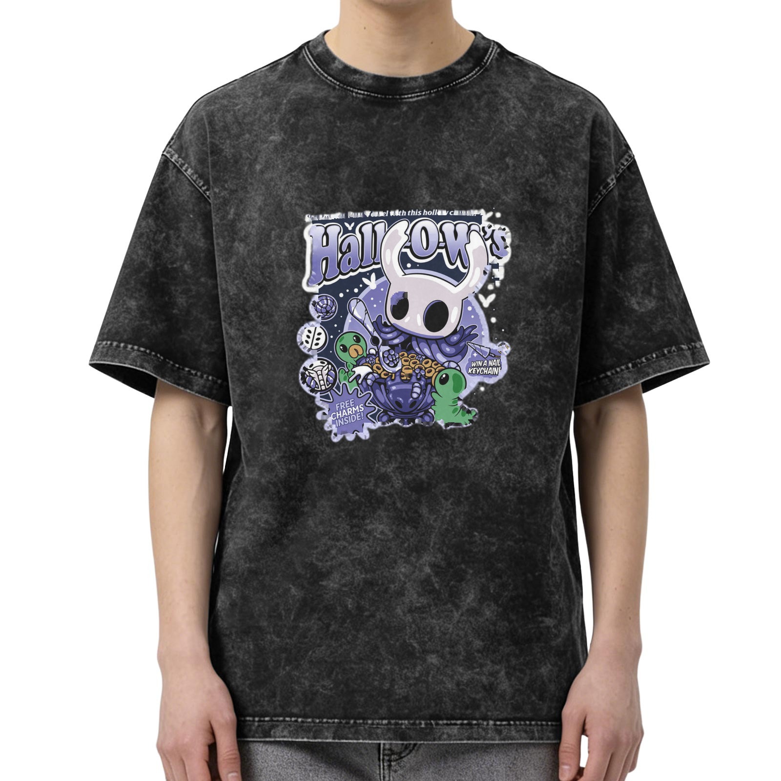 Hollow Knight themed washed distressed short-sleeved T-shirt dark style loose casual top