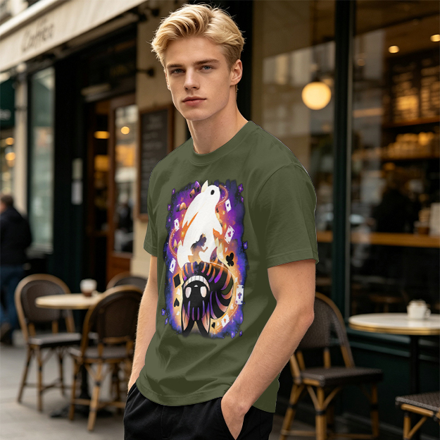 Olive T-Shirt With Magical Rabbit And Playing Card Print