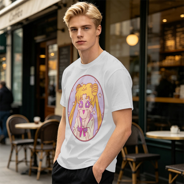 Olive T-shirt with excited anime girl star eyes graphic