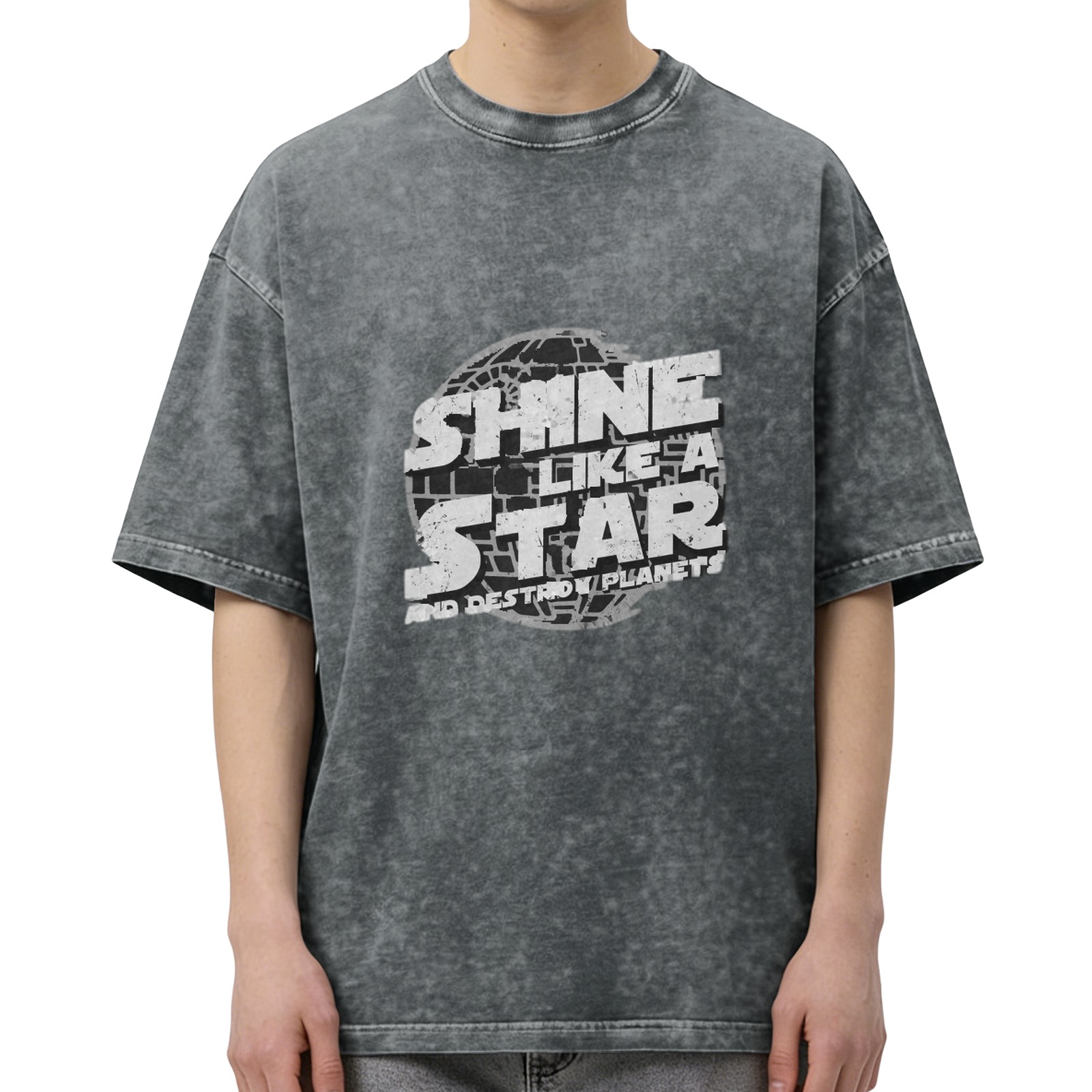 Washed Cotton T-Shirt With Shine Like A Star Destroy Planets Print