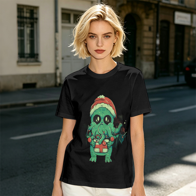 Olive Green T-Shirt With Cute Christmas Cthulhu Graphic