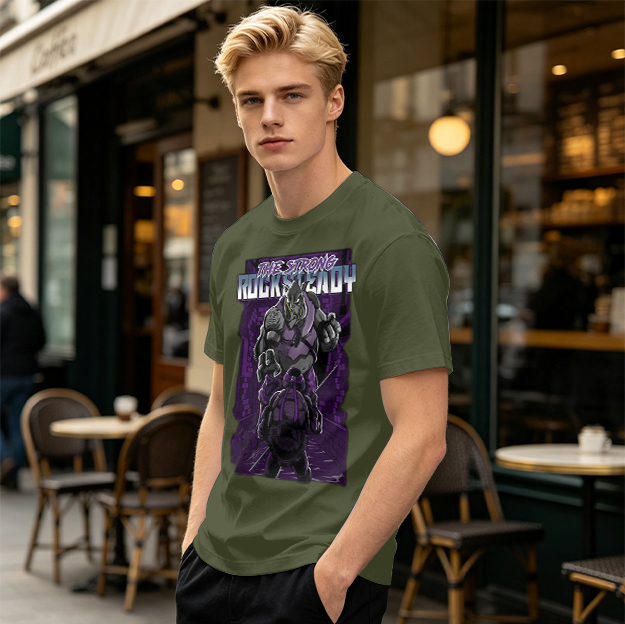 Olive green t-shirt featuring Rocksteady the strong mutant character
