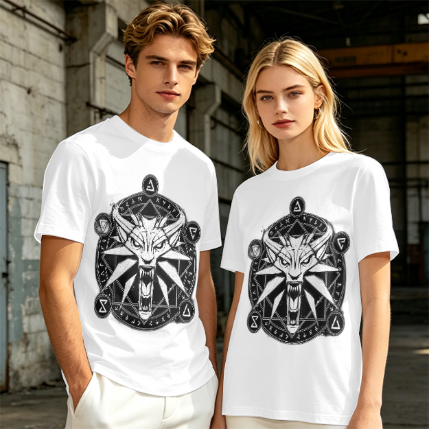 Olive T-Shirt With Witcher Wolf Medallion Magic Circle Print