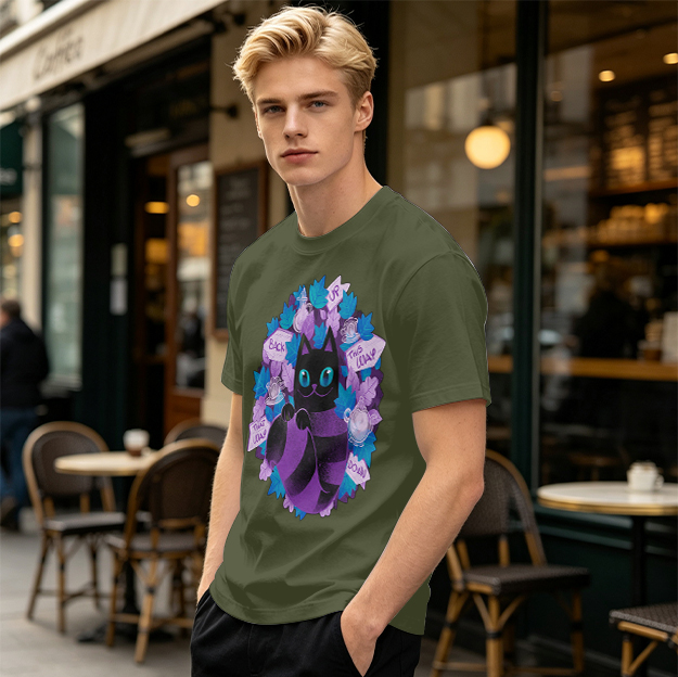 Olive T-Shirt With Whimsical Cheshire Cat Wonderland Art