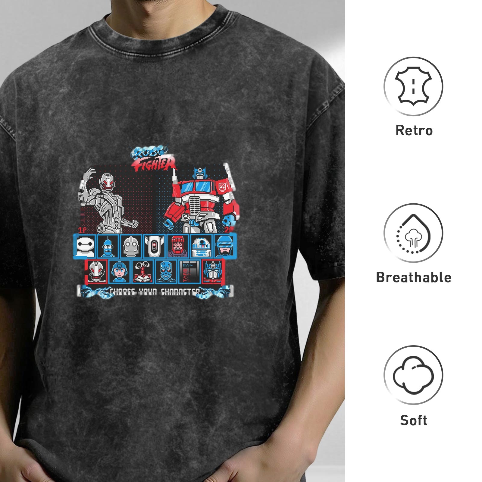 Vintage Washed Black T-Shirt with Robot Fighter Character Select Graphic Design