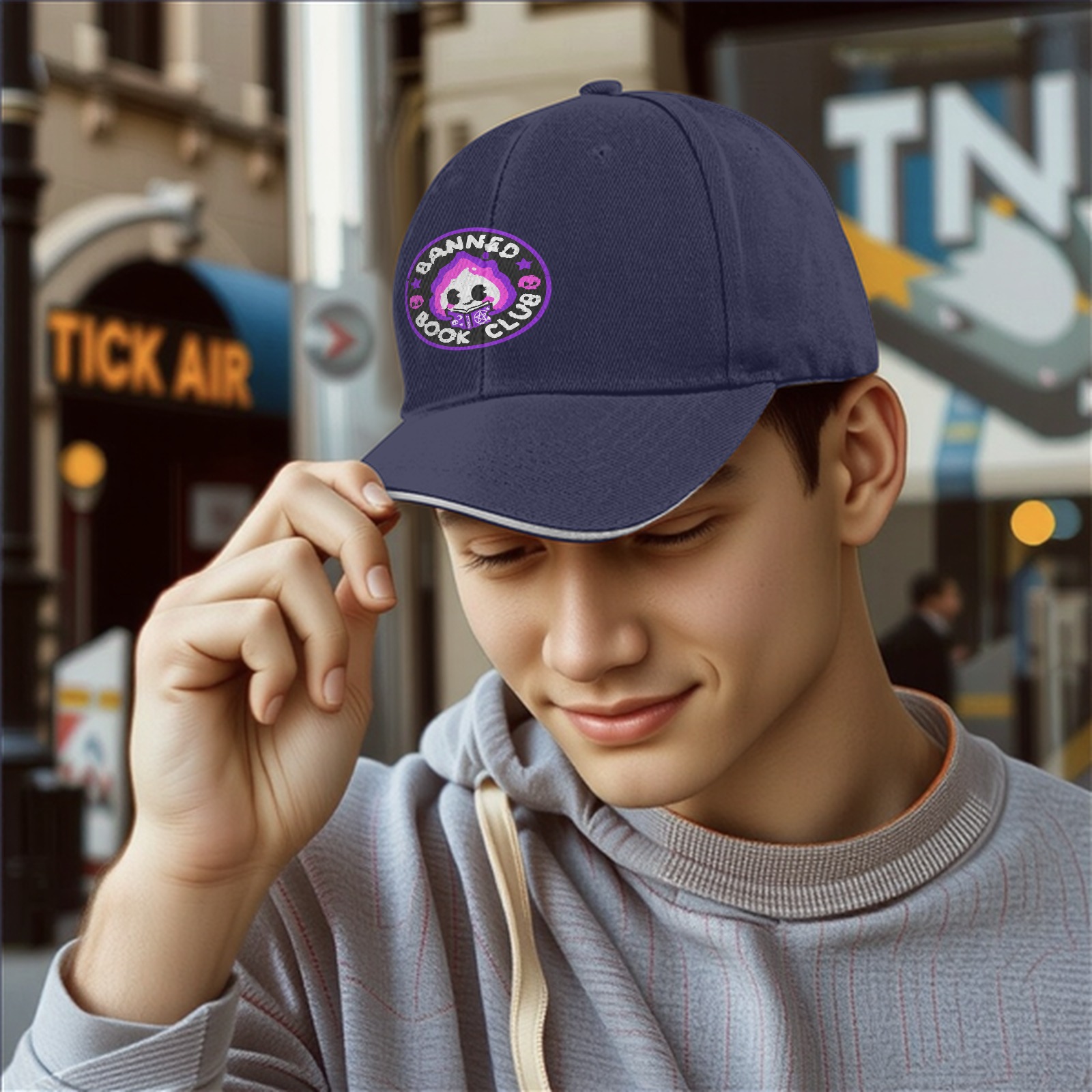Black baseball cap with Banned Book Club graphic design