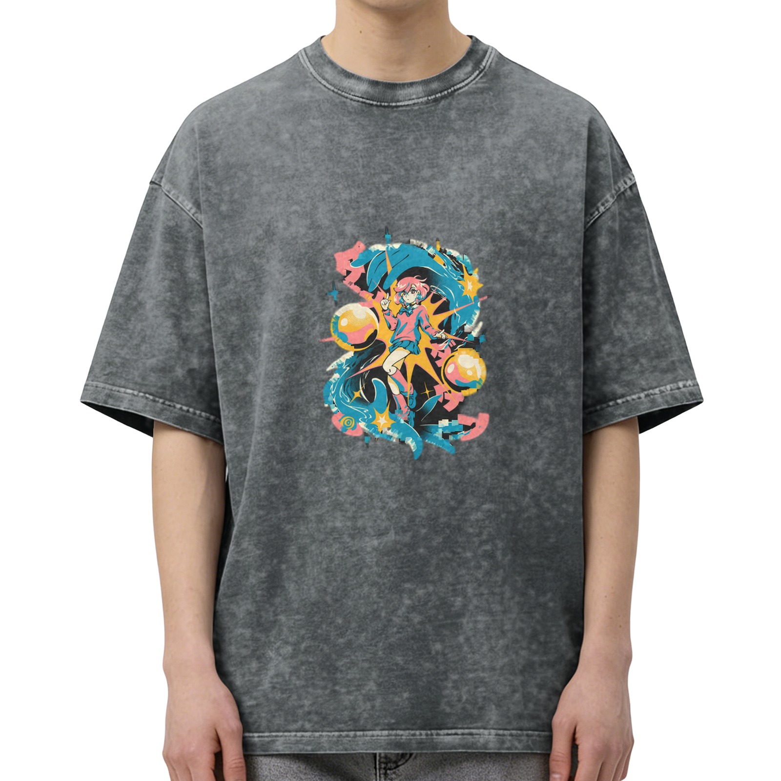 Oversized Acid Wash T-Shirt with Anime Graphic Print