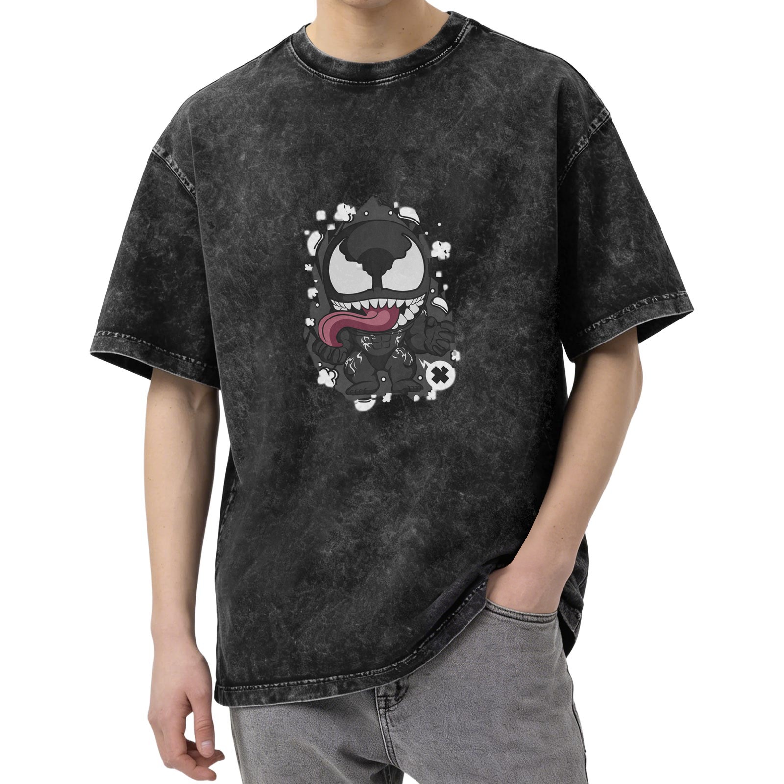 Oversized Acid Wash T-Shirt With Cute Chibi Venom Graphic