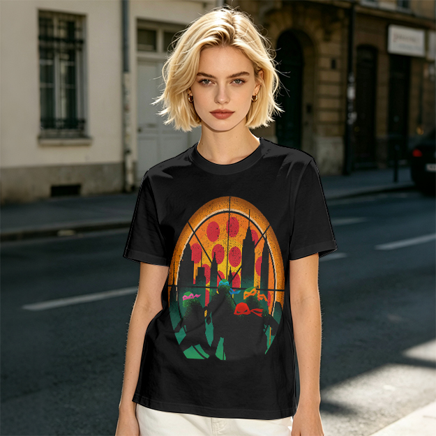 Olive T-Shirt With Ninja Turtles Pizza City Silhouette Print