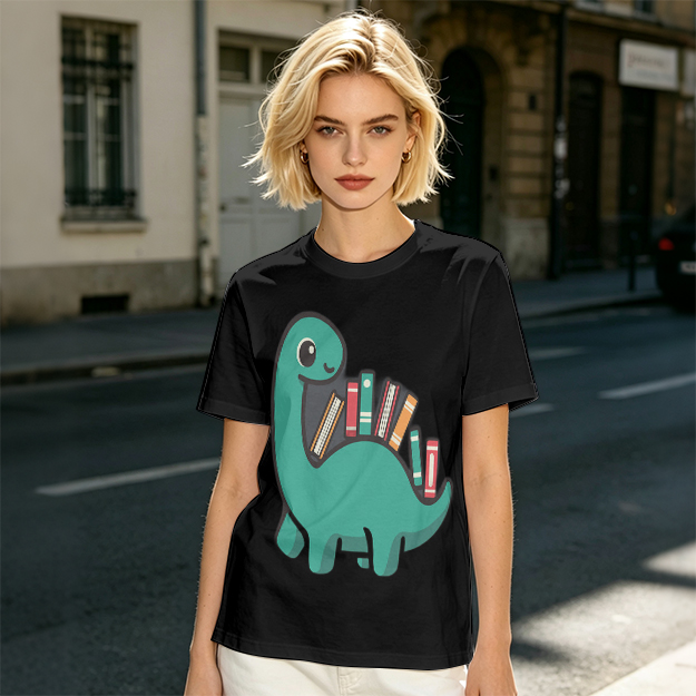 Olive T-shirt with cute dinosaur carrying books graphic