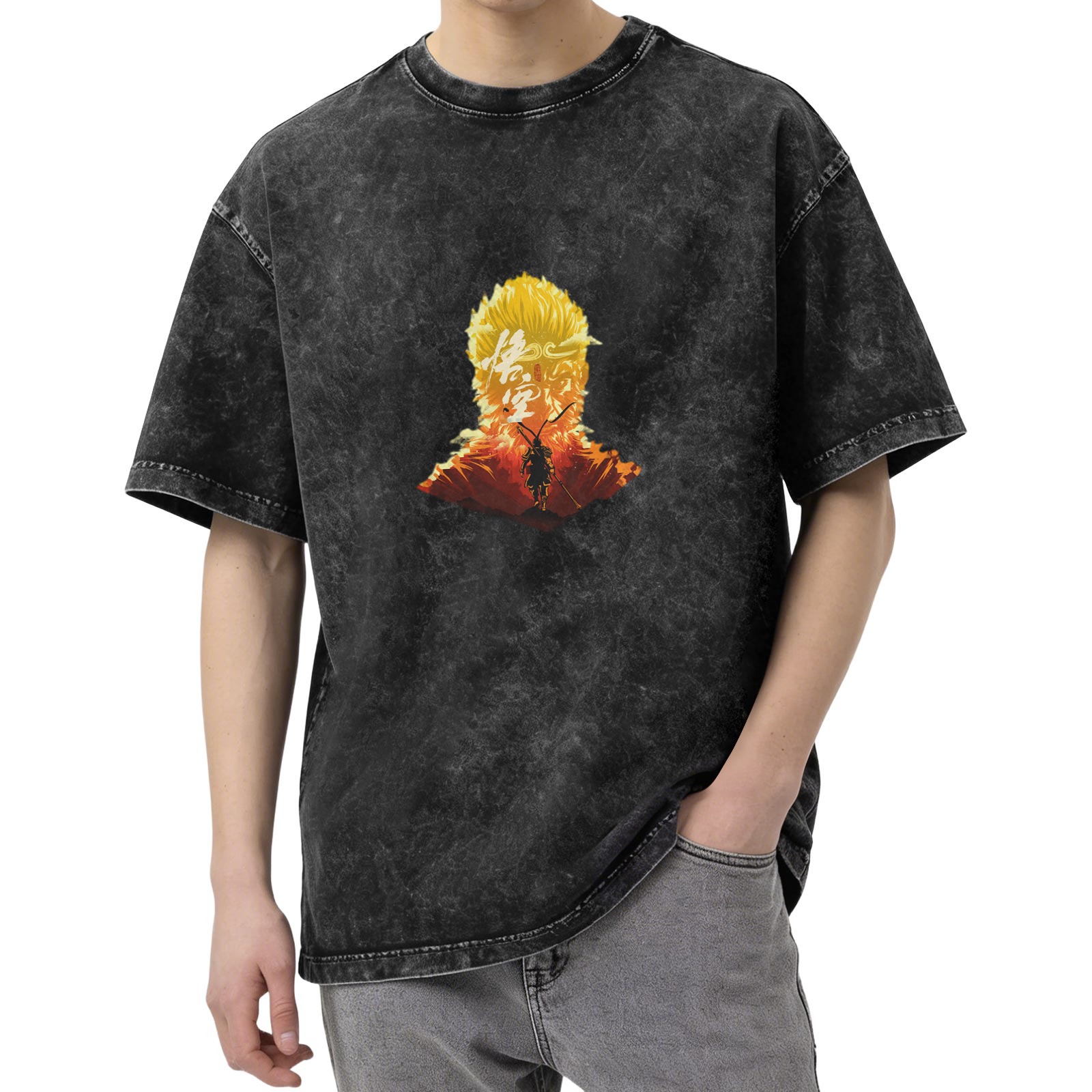 Wukong Graphic Washed Black Short Sleeve T-Shirt