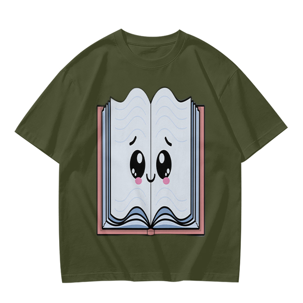 Olive T-Shirt With Cute Smiling Open Book Graphic Print