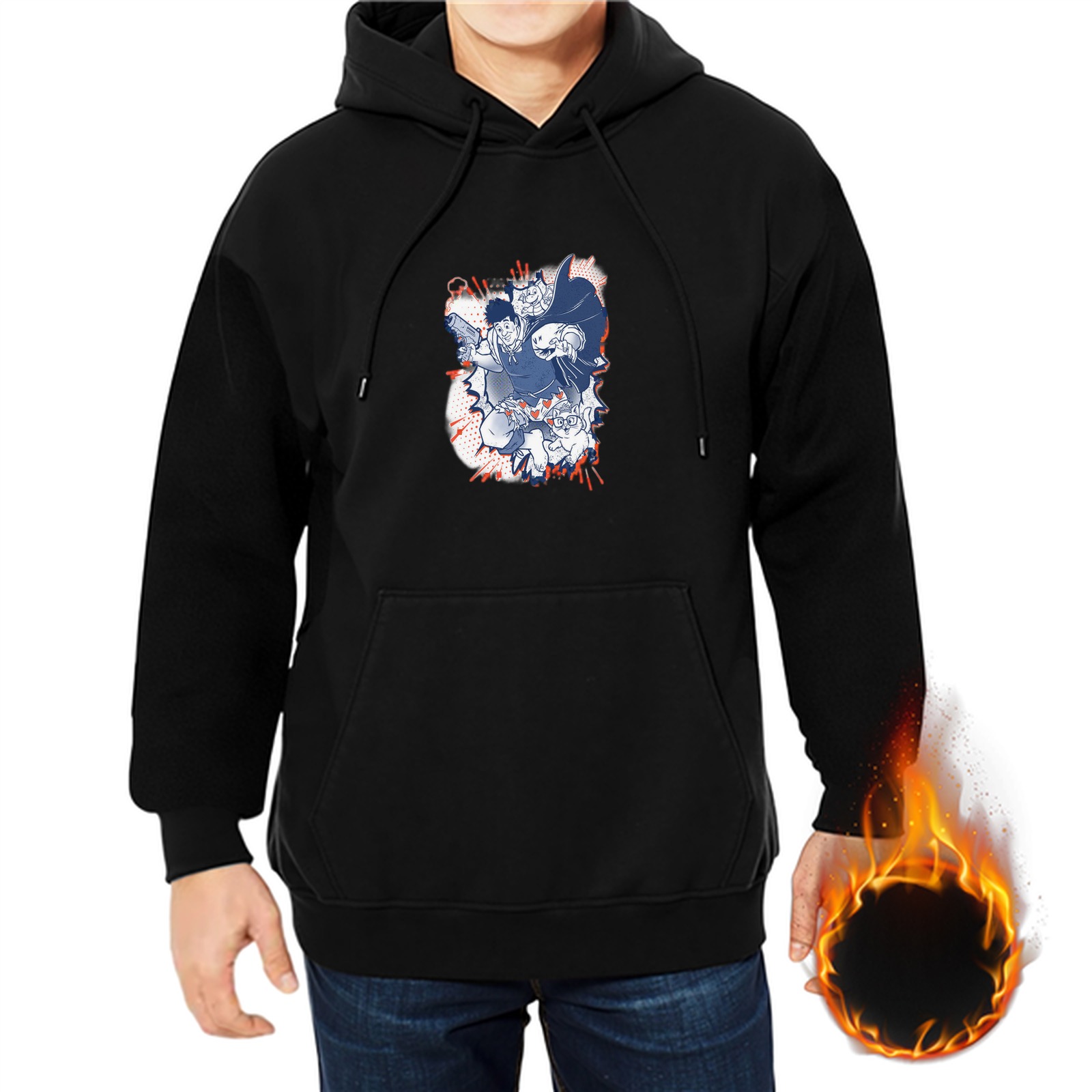 Black Hoodie With Dynamic Anime Character Graphic Print