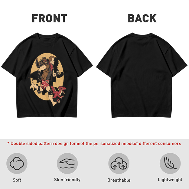 Olive T-Shirt With Fantasy Running Character And Creatures Print
