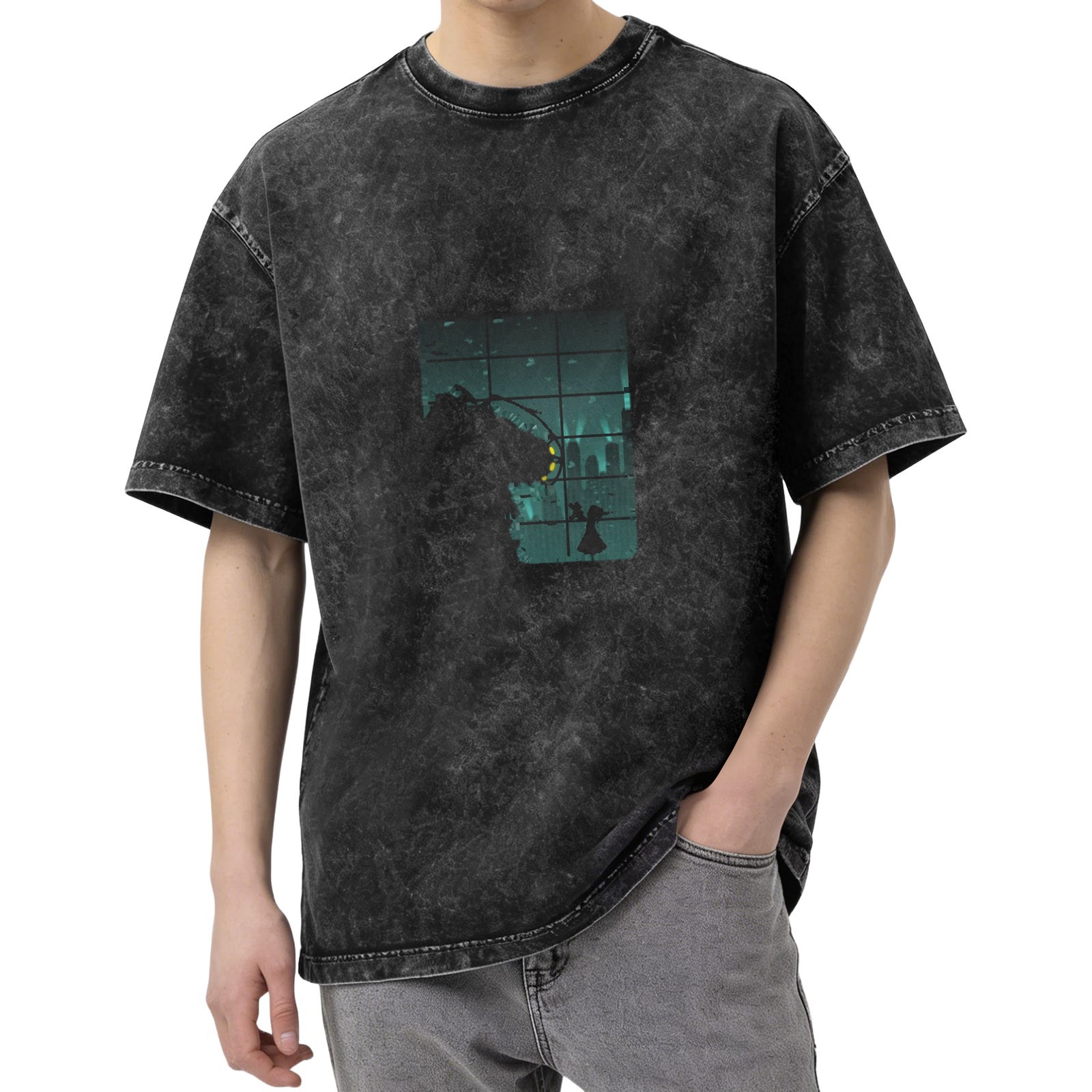 Washed Black Graphic T-Shirt With Window Monster Silhouette Print