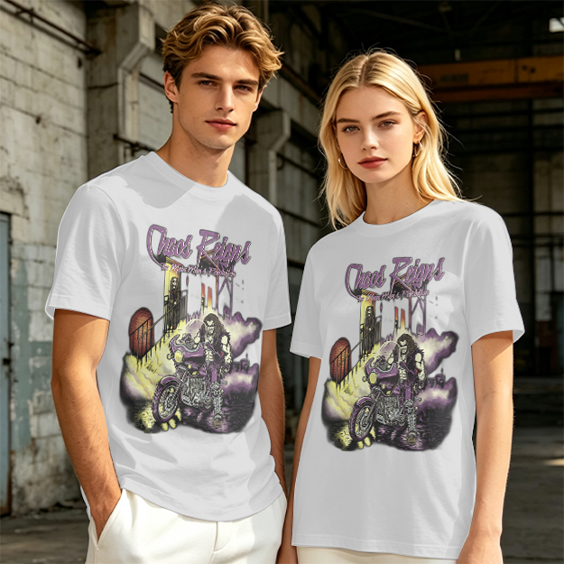 Olive Graphic T-Shirt with Chaos Reigns Biker Artwork
