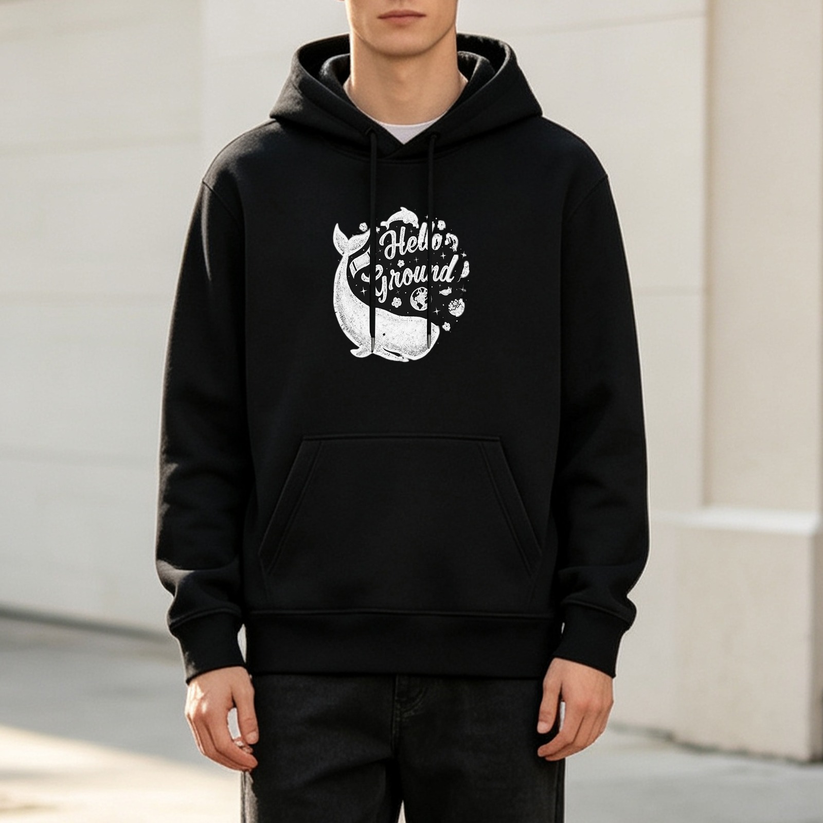 Black hoodie with whale and Hello Ground graphic print