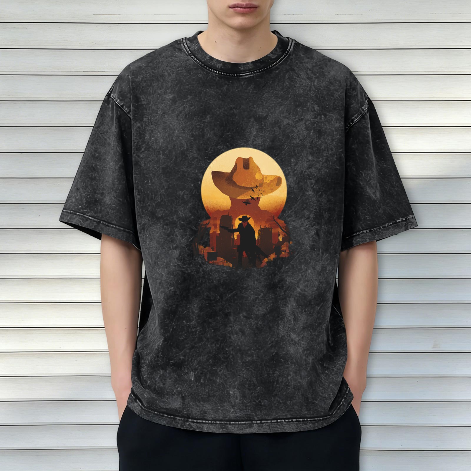Washed Black Western Cowboy Graphic Short Sleeve T-Shirt