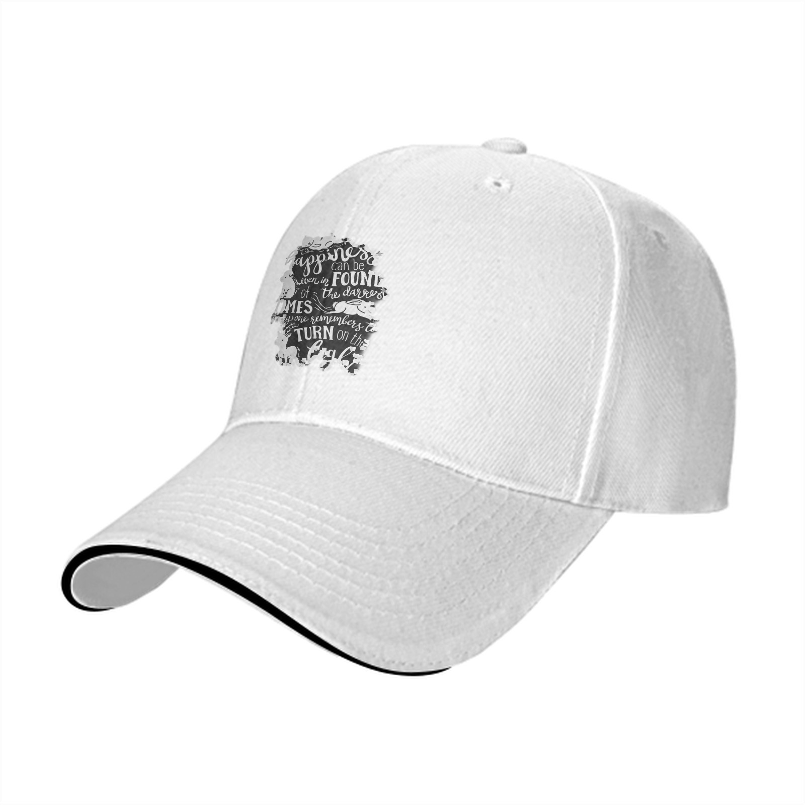 Black baseball cap with happiness quote and animal illustrations