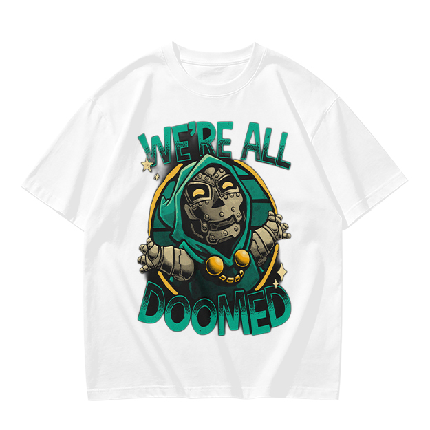 Olive T-Shirt Featuring 'We're All Doomed' Doom Character Art